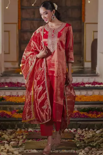 Women Ethnic Motifs Embroidered Sequinned Liva Kurta with Trousers & With Dupatta