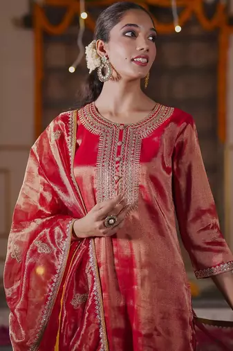 Women Ethnic Motifs Embroidered Sequinned Liva Kurta with Trousers & With Dupatta