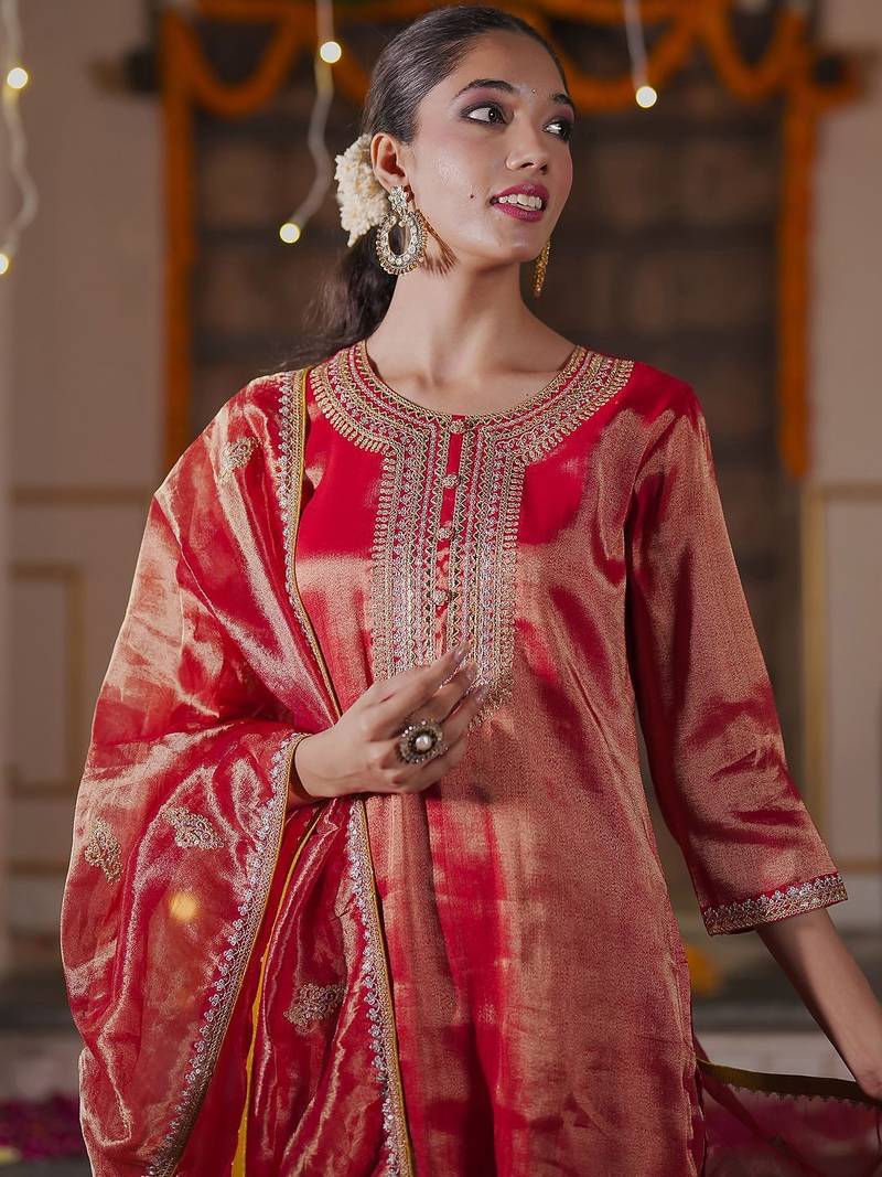 Women Ethnic Motifs Embroidered Sequinned Liva Kurta with Trousers & With Dupatta