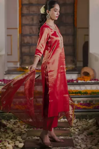 Women Ethnic Motifs Embroidered Sequinned Liva Kurta with Trousers & With Dupatta