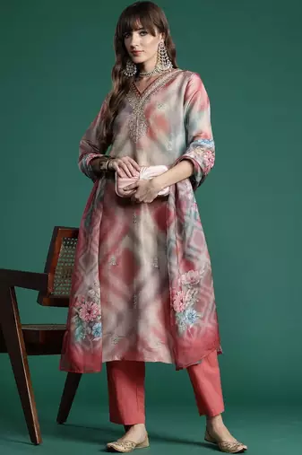 Women Printed Regular Thread Work Kurta with Trousers & With Dupatta