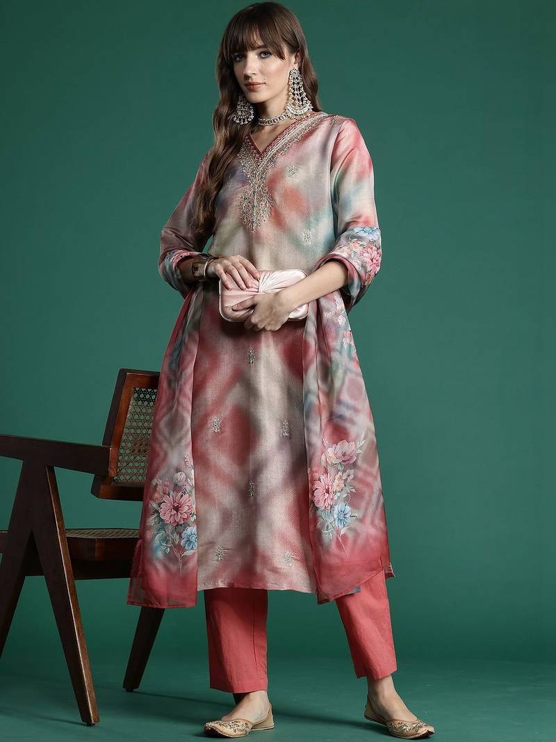 Women Printed Regular Thread Work Kurta with Trousers & With Dupatta