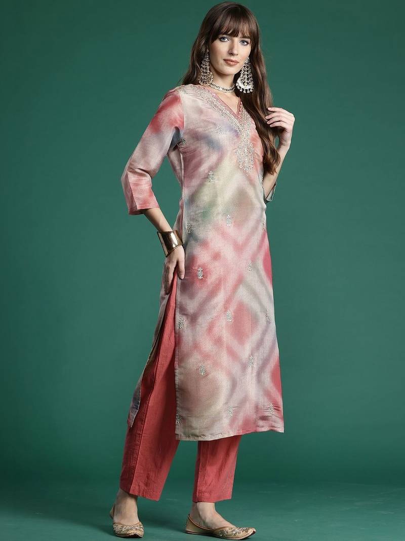 Women Printed Regular Thread Work Kurta with Trousers & With Dupatta