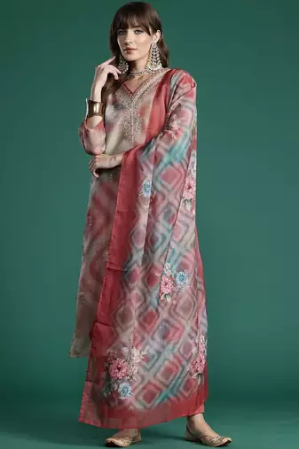 Women Printed Regular Thread Work Kurta with Trousers & With Dupatta