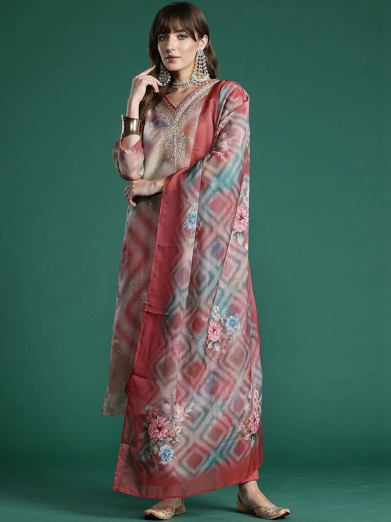 Women Printed Regular Thread Work Kurta with Trousers & With Dupatta