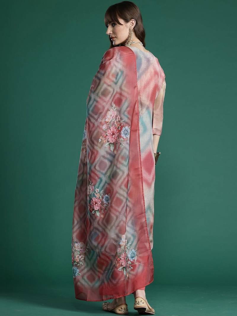 Women Printed Regular Thread Work Kurta with Trousers & With Dupatta