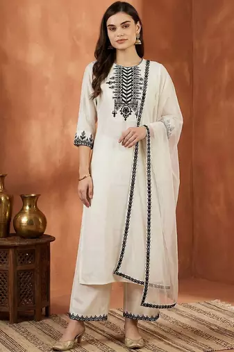 Women Ethnic Motifs Embroidered Regular Thread Work Kurta with Trousers & With Dupatta
