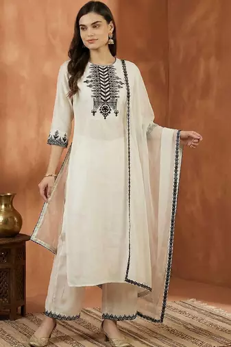 Women Ethnic Motifs Embroidered Regular Thread Work Kurta with Trousers & With Dupatta