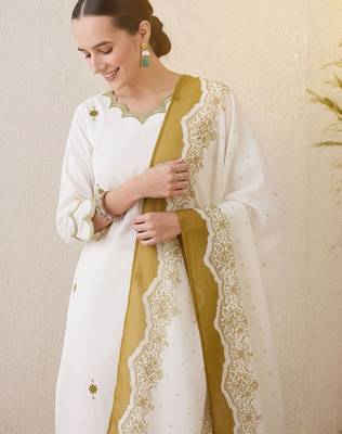 Ethnic Motifs Embroidered Sequinned Pure Cotton Kurta With Trousers & Dupatta 1