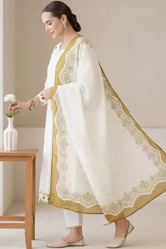 Ethnic Motifs Embroidered Sequinned Pure Cotton Kurta With Trousers & Dupatta