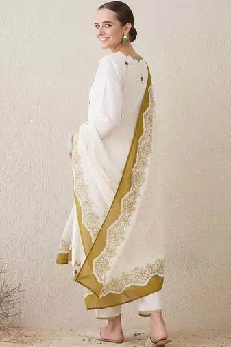 Ethnic Motifs Embroidered Sequinned Pure Cotton Kurta With Trousers & Dupatta