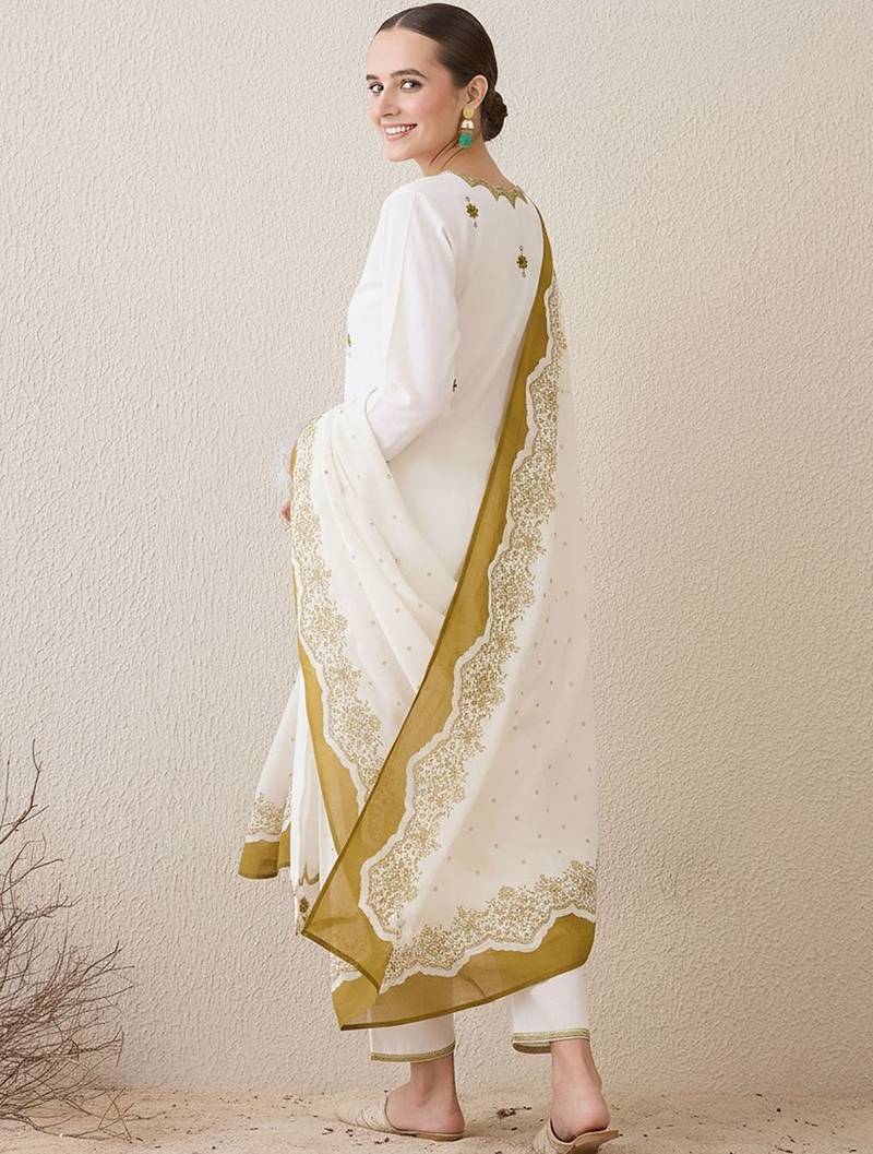 Ethnic Motifs Embroidered Sequinned Pure Cotton Kurta With Trousers & Dupatta