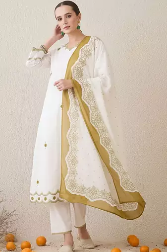 Ethnic Motifs Embroidered Sequinned Pure Cotton Kurta With Trousers & Dupatta
