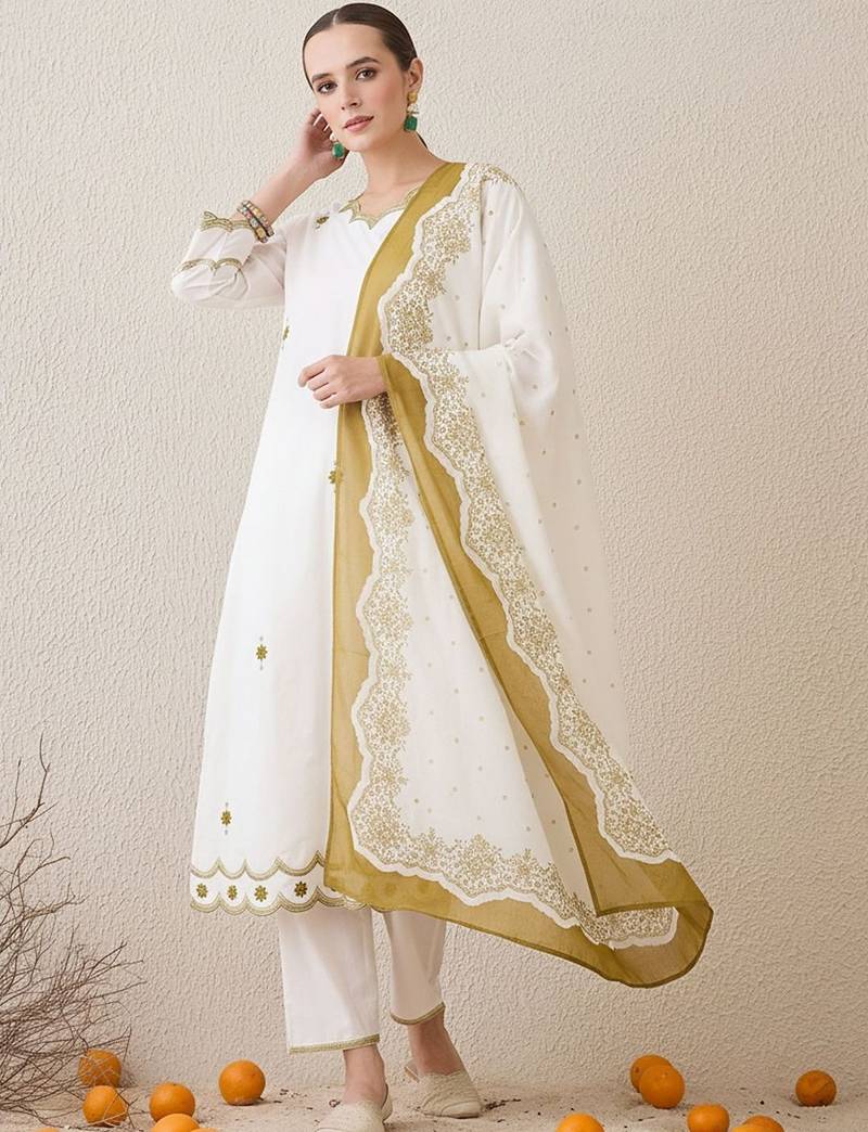 Ethnic Motifs Embroidered Sequinned Pure Cotton Kurta With Trousers & Dupatta