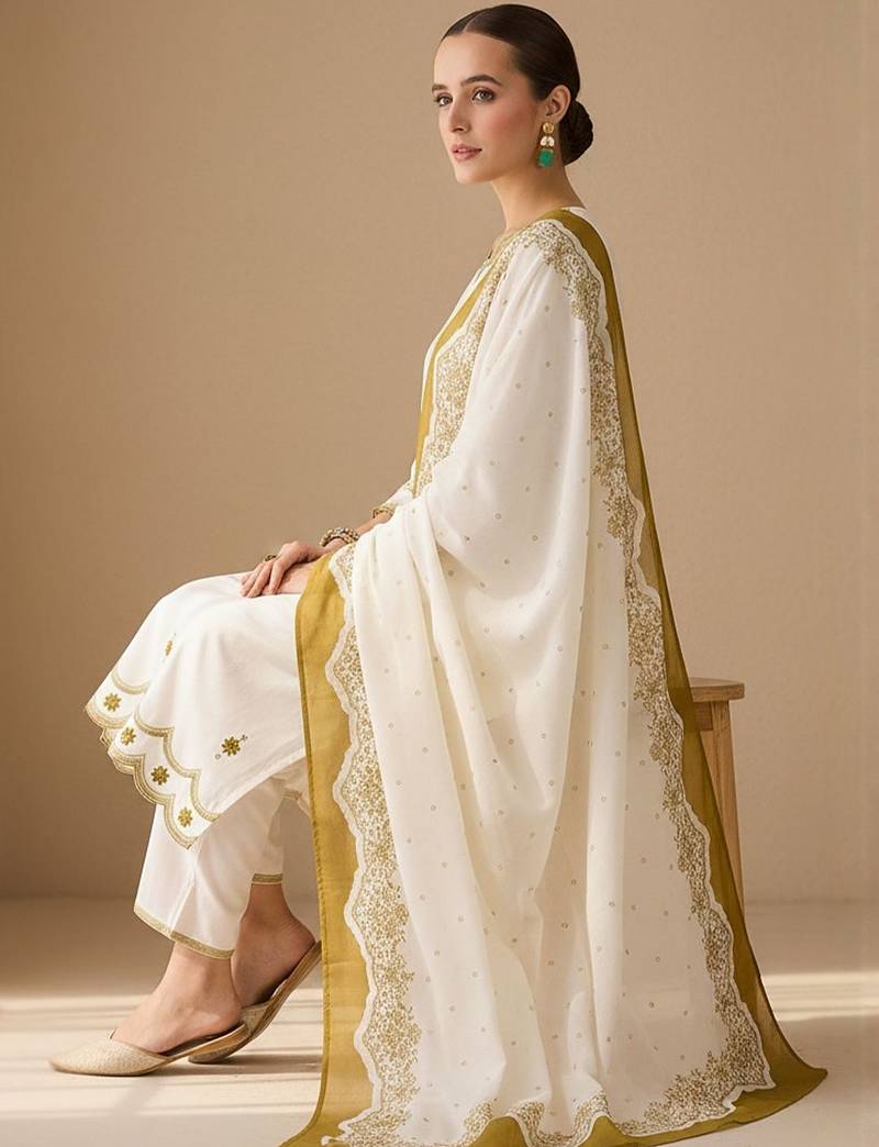 Ethnic Motifs Embroidered Sequinned Pure Cotton Kurta With Trousers & Dupatta