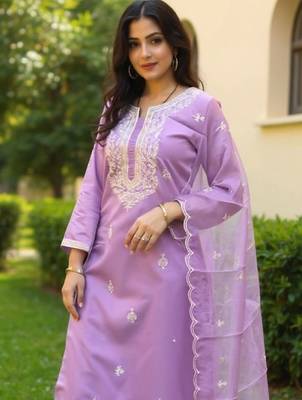 Ethnic Motifs Embroidered Notch Neck Sequinned Kurta With Trousers & Dupatta 1