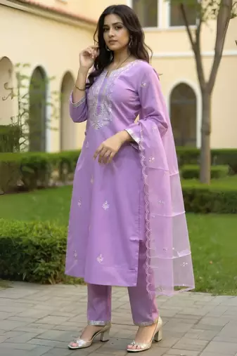 Ethnic Motifs Embroidered Notch Neck Sequinned Kurta With Trousers & Dupatta