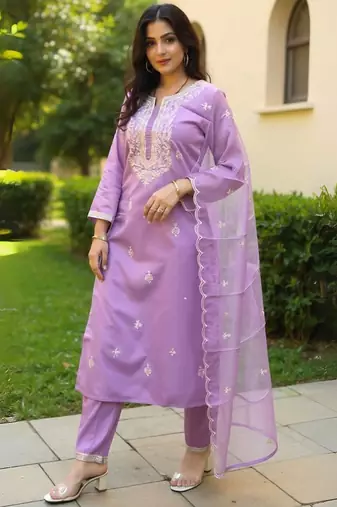 Ethnic Motifs Embroidered Notch Neck Sequinned Kurta With Trousers & Dupatta