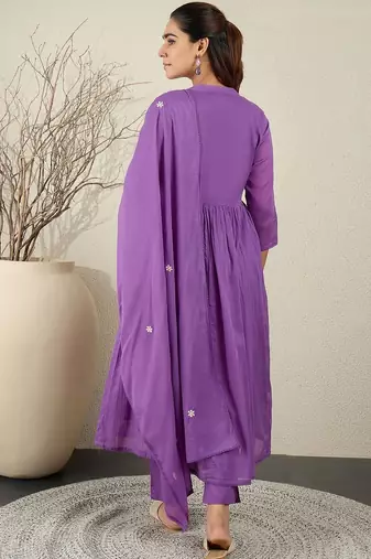 Floral Embroidered Empire Thread Work Pure Cotton Kurta With Trousers & Dupatta