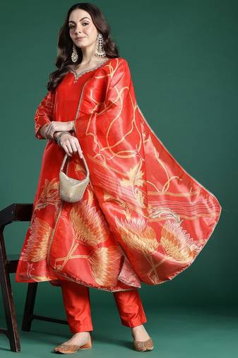 Floral Printed Sequinned Kurta with Trousers & Dupatta