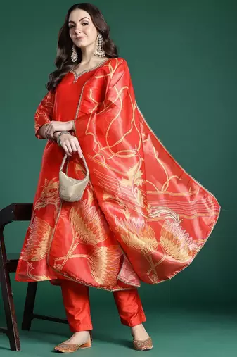 Floral Printed Sequinned Kurta with Trousers & Dupatta