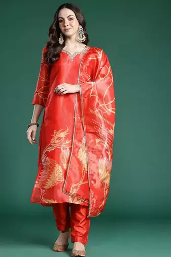 Floral Printed Sequinned Kurta with Trousers & Dupatta