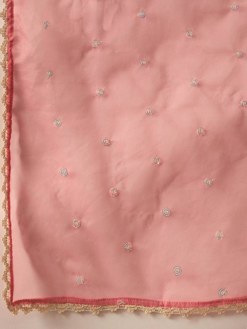 Floral Yoke Design Straight Sequinned Liva Kurta with Trousers & Dupatta