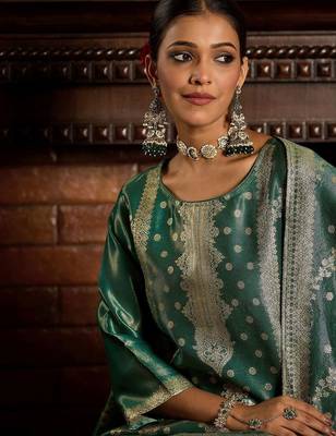 Ethnic Motifs Woven Design Zari Straight Kurta With Trousers & Dupatta 1