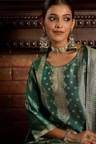 Ethnic Motifs Woven Design Zari Straight Kurta With Trousers & Dupatta