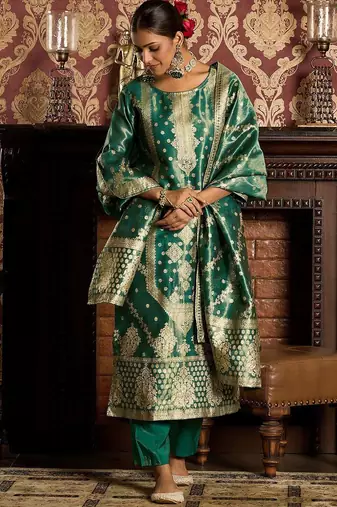 Ethnic Motifs Woven Design Zari Straight Kurta With Trousers & Dupatta