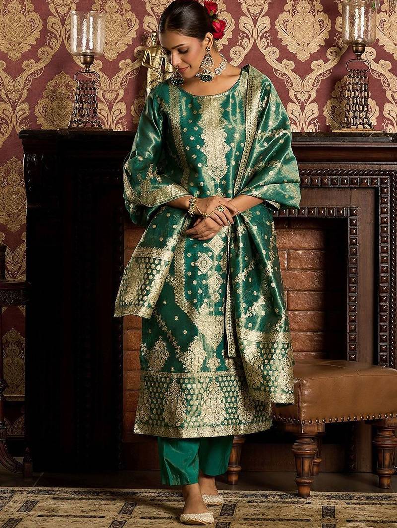 Ethnic Motifs Woven Design Zari Straight Kurta With Trousers & Dupatta