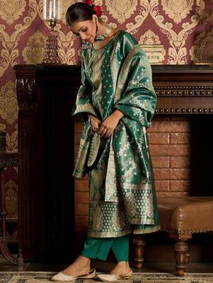 Ethnic Motifs Woven Design Zari Straight Kurta With Trousers & Dupatta 4