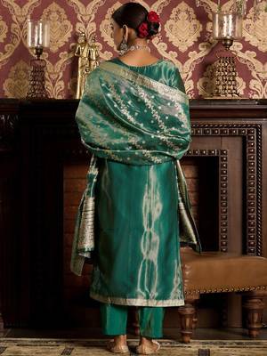 Ethnic Motifs Woven Design Zari Straight Kurta With Trousers & Dupatta 5