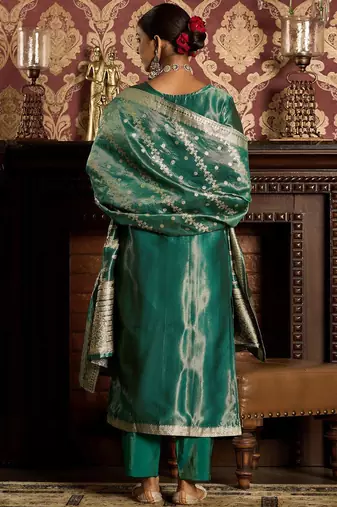 Ethnic Motifs Woven Design Zari Straight Kurta With Trousers & Dupatta