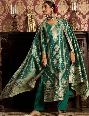Ethnic Motifs Woven Design Zari Straight Kurta With Trousers & Dupatta 6