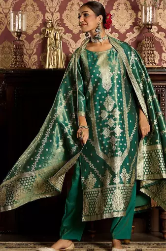 Ethnic Motifs Woven Design Zari Straight Kurta With Trousers & Dupatta