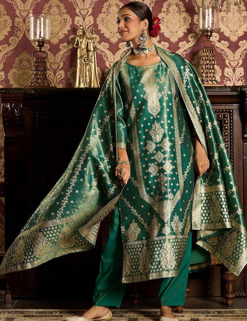 Ethnic Motifs Woven Design Zari Straight Kurta With Trousers & Dupatta