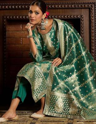 Ethnic Motifs Woven Design Zari Straight Kurta With Trousers & Dupatta 7