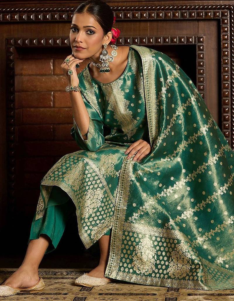 Ethnic Motifs Woven Design Zari Straight Kurta With Trousers & Dupatta