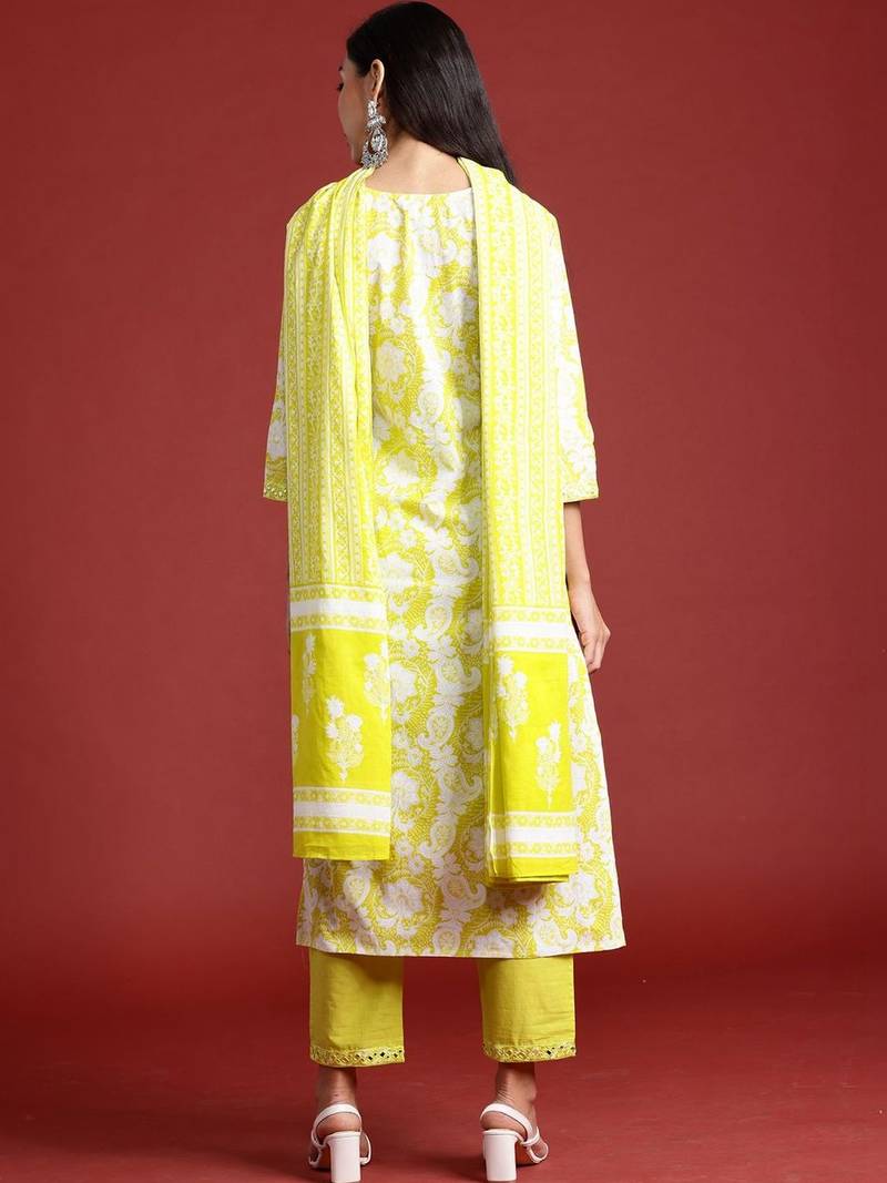 Women Floral Printed Regular Thread Work Pure Cotton Kurta with Trousers & With Dupatta