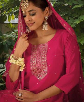 Women Ethnic Motifs Embroidered Regular Kurta with Trousers & With Dupatta 1
