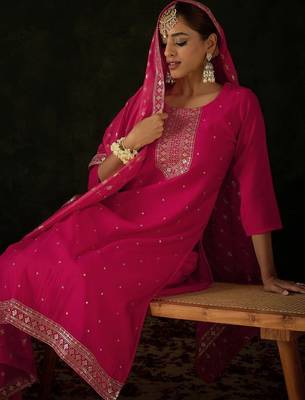 Women Ethnic Motifs Embroidered Regular Kurta with Trousers & With Dupatta 3