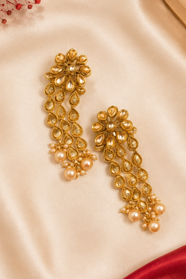 Dangler kundan and gold leaf long earrings 3