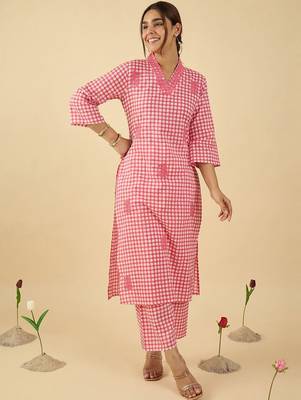 Women Regular Thread Work Pure Cotton Kurta with Trousers 5