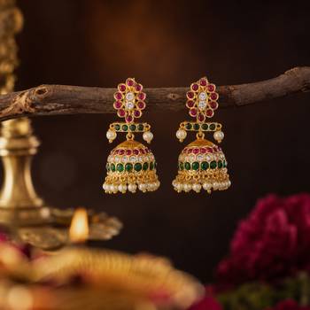  gold plated kemp stone jhumka earrings for women   traditional south indian pearl drop jhumki 1