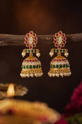  gold plated kemp stone jhumka earrings for women   traditional south indian pearl drop jhumki