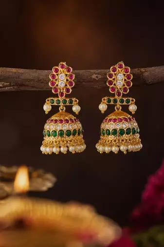 Bellamoire gold plated kemp stone jhumka earrings for women | traditional south indian pearl drop jhumki