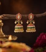  gold plated kemp stone jhumka earrings for women   traditional south indian pearl drop jhumki