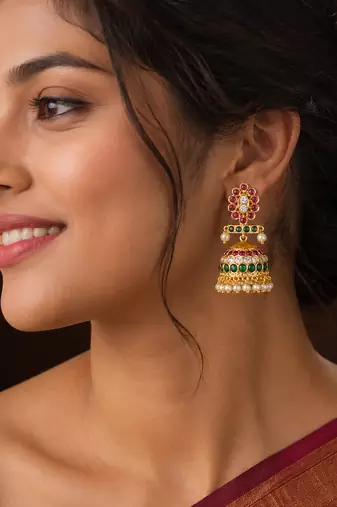 Bellamoire gold plated kemp stone jhumka earrings for women | traditional south indian pearl drop jhumki