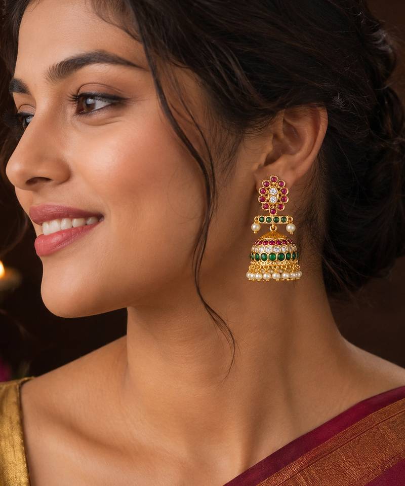 gold plated kemp stone jhumka earrings for women   traditional south indian pearl drop jhumki